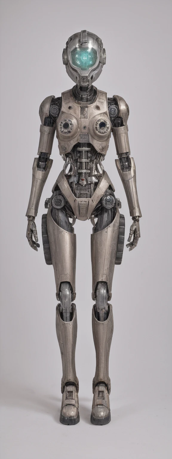 realistic,score_9, score_8_up, score_7_up,
1girl,solo,full body, robotic figure, prominent helmet, weathered, rusted, large circular eyes, glowing, enigmatic, haunting, patchwork body, mechanical parts, gears, tubes, aged metals, corroded materials,