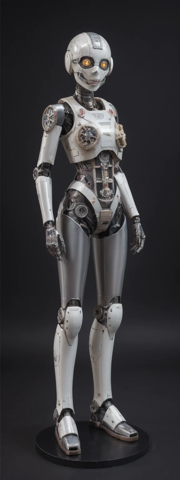 realistic,score_9, score_8_up, score_7_up,
1girl,solo,full body, robotic figure, prominent  helmet, weathered, rusted, large circular eyes, glowing, enigmatic, haunting, patchwork body, mechanical parts, gears, tubes, aged metals, corroded materials,