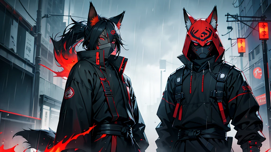 create a black cyber samurai with red fire eye, fox mask and katana in the middle of rain