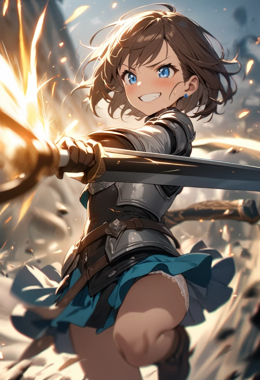 Brat, ((masterpiece)), High resolution, 10 years old、girl、 Brown Hair、Short Bob、((smile、Grin))、Excited、Sweating all over the body、Bright Blue Eyes、smile、((Grin))、Earrings、(((Fight with a sword)))、Sparks fly、Disturbed、Light、highlight、Motion Blur、Simple armor(mini skirt、wind lift:1.3、white lace panties)、Shallow depth of field、final battle、Fantastic、tense、Impressive