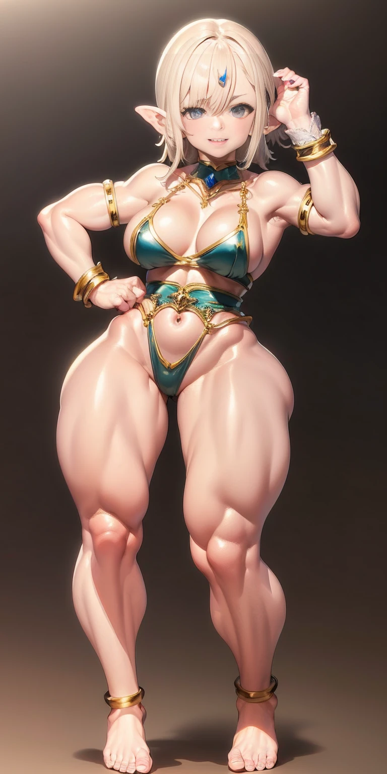 Scenary: Plain background Character: Solo Female elf smile mouth closed: Body, full body toe to head: Tall and slim with an hourglass figure Toned and muscular physique Slender abs Perfect anatomy (hands on hips, good hands, best hands) shackles wristbands bracers bracelets sleeves