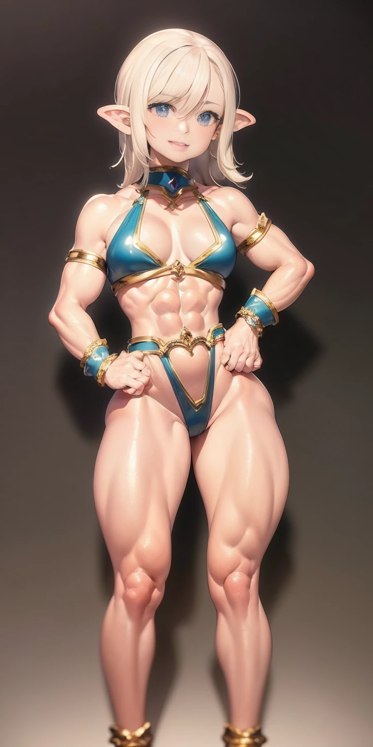 Scenary: Plain background Character: Solo Female elf smile mouth closed: Body, full body toe to head: Tall and slim with an hourglass figure Toned and muscular physique Slender abs Perfect anatomy (hands on hips, good hands, best hands) shackles wristbands bracers bracelets sleeves