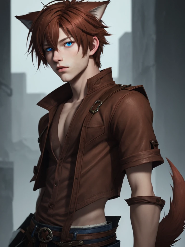 Creates a adult boy with short light brown hair tipped with red tips, single blue eyes, and wolf ears and tail.