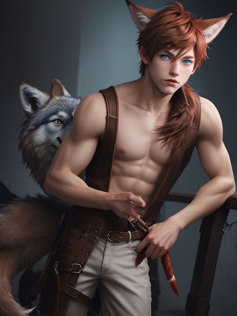 Creates a adult boy with short light brown hair tipped with red tips, single blue eyes, and wolf ears and tail.