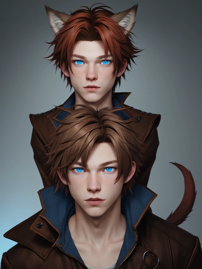 Creates a young adult boy with short light brown hair tipped with red tips, single blue eyes, and wolf ears and tail.