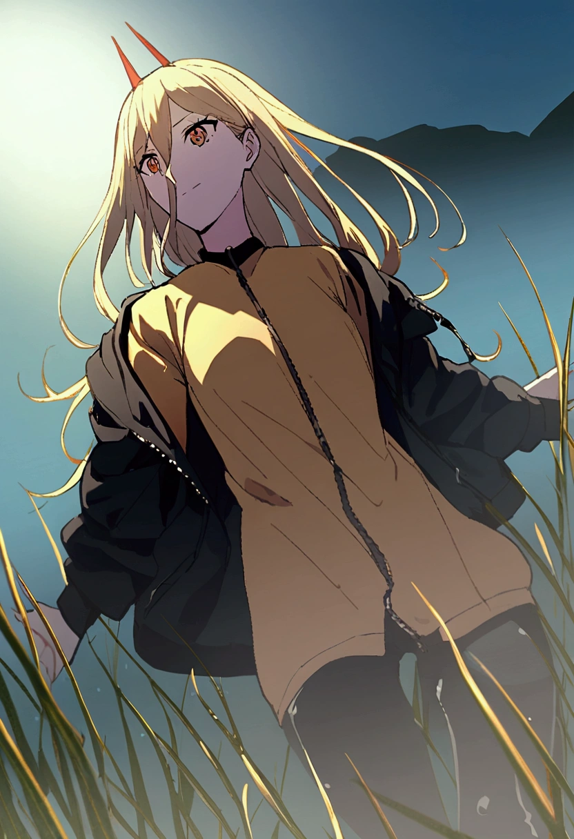 1 girl wearing a jacket, e um top, in a wet field,.detailed image.