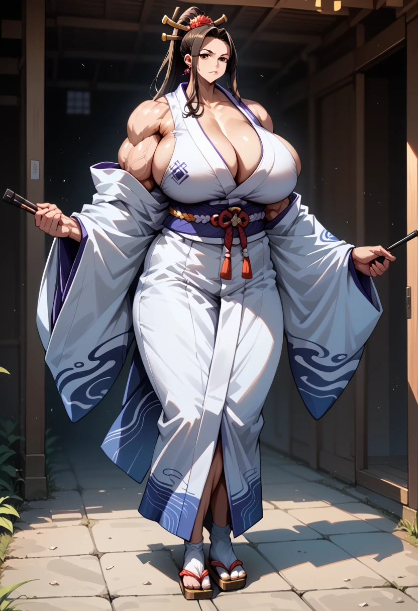 masterpiece, best quality), best resolution, yamato, earrings, hair stick, bare shoulders, japanese clothes, kimono, rope, sleeveless kimono, shimenawa, high ponytail, gigantic muscular body, huge breasts, full body.