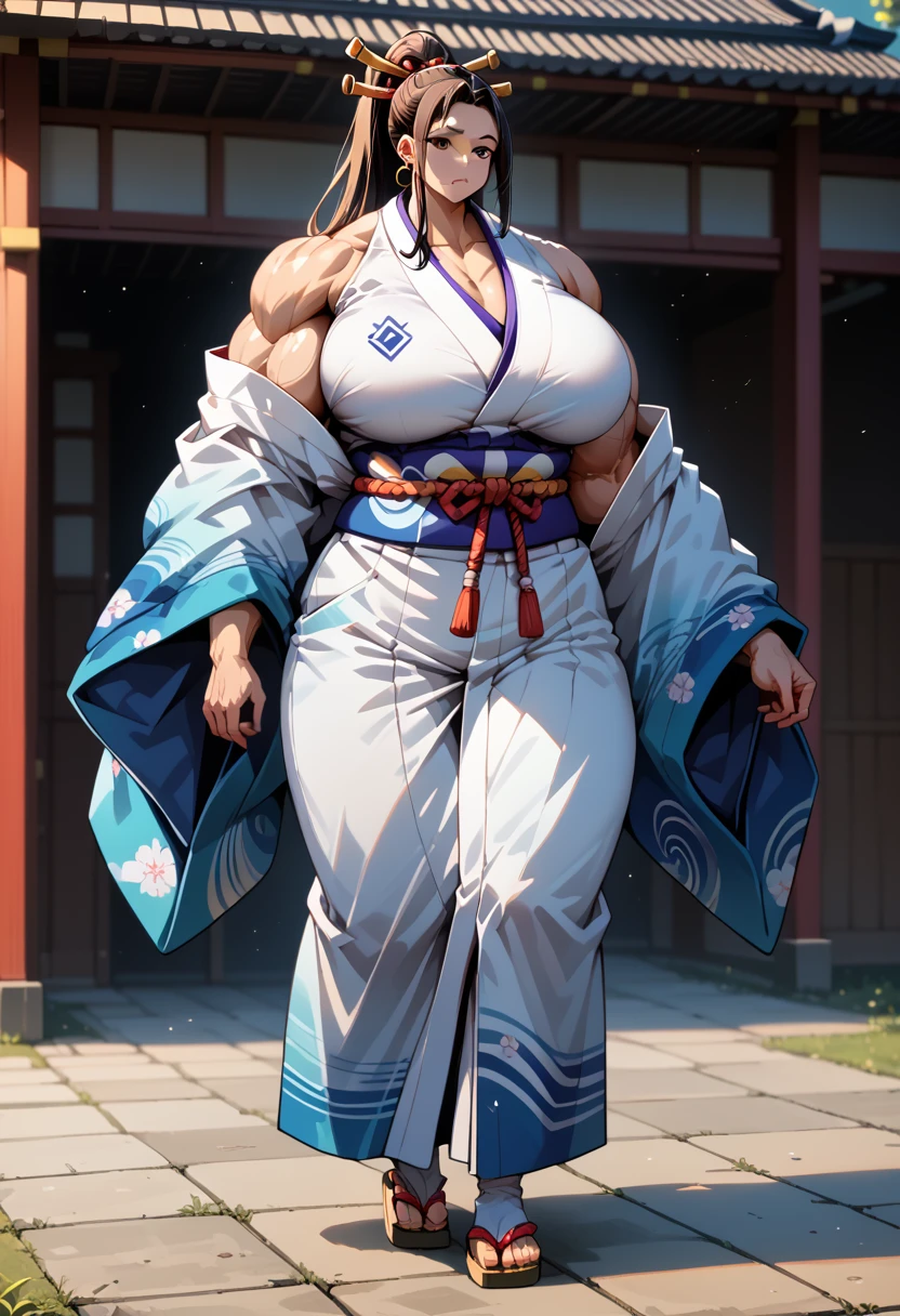 masterpiece, best quality), best resolution, yamato, earrings, hair stick, bare shoulders, japanese clothes, kimono, rope, sleeveless kimono, shimenawa, high ponytail, gigantic muscular body, huge breasts, full body.