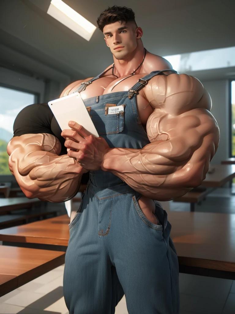 African bodybuilder ,He is wearing overalls 