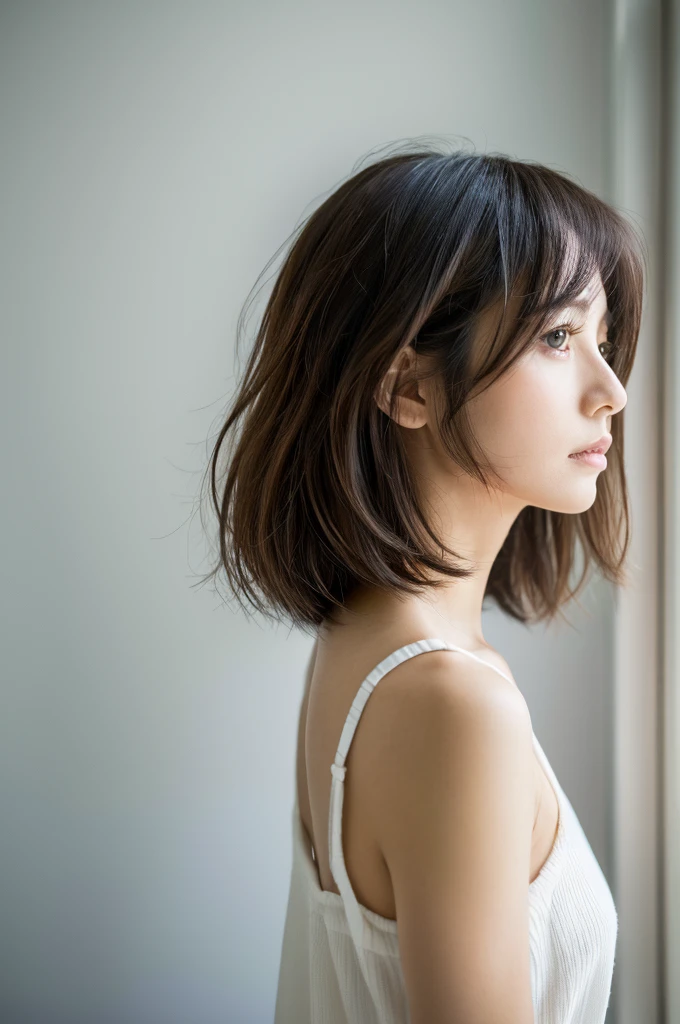 8K, (RAW Photos), (Photo Real:1.4), (4K best image quality:1.2), (High resolution:1.4), (Ultra-realistic:1.1), Depth of written boundary, (Detailed face), (Fine grain), Beautiful Eyes, (Skinny Japanese woman, 40 years old), A slightly depressed look, In front of the white door, ((In a room with white walls and a window)), Natural soft light, short hair, (Layered Haircut:1.0), (Detailed expression of hair), (profile), Various poses, Random Pause, Holder only
