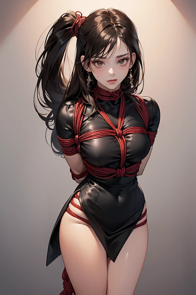 (shibari, arms behind back:1.4), (hands on back), (masterpiece, best quality) 1.5, 1girl, solo, (sexy, beautiful woman, perfect face, perfect eyes), tifa lockhart, black leather dress, sneakers, (reddish brown eyes, black hair, long hair), (shibari, arms behind back:1.4), (hands behind back)