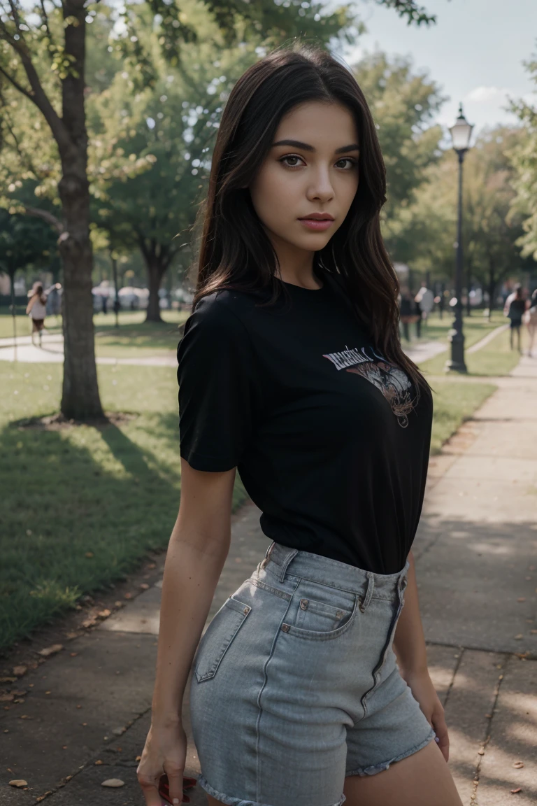 a young woman, in a black shirt, full body , in the park , beautiful detailed eyes, beautiful detailed lips,
