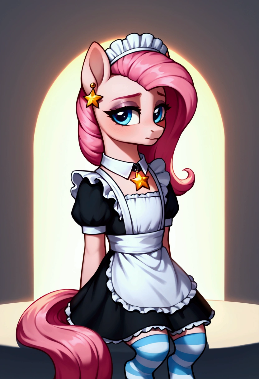 score_9,score_8_up,score_7_up,score_6_up, ((my little pony)), radiant lighting, vibrant colors, whimsical atmosphere, 8K, high resolution, highly detailed, masterpiece, (shy look), ((pony body)), white body, blue eyes, (maid costume), striped stockings, star pendant, earrings, eyeshadow, (very long pink hair:1.3), ((sitting pose)), (devoted gaze)