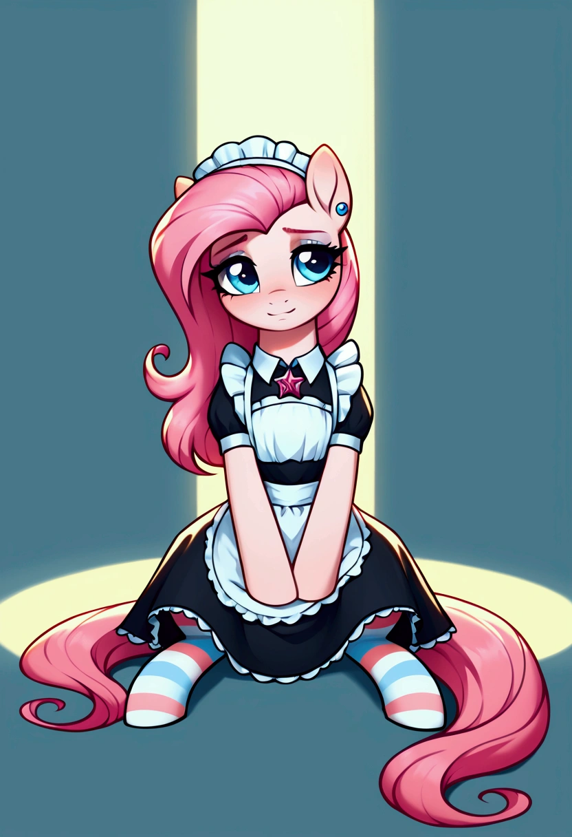 score_9,score_8_up,score_7_up,score_6_up, ((my little pony)), radiant lighting, vibrant colors, whimsical atmosphere, 8K, high resolution, highly detailed, masterpiece, (shy look), ((pony body)), white body, blue eyes, (maid costume), striped stockings, star pendant, earrings, eyeshadow, (very long pink hair:1.3), ((sitting pose)), (devoted gaze)