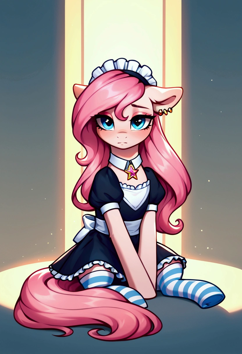 score_9,score_8_up,score_7_up,score_6_up, ((my little pony)), radiant lighting, vibrant colors, whimsical atmosphere, 8K, high resolution, highly detailed, masterpiece, (shy look), ((pony body)), white body, blue eyes, (maid costume), striped stockings, star pendant, earrings, eyeshadow, (very long pink hair:1.3), ((sitting pose)), (devoted gaze)