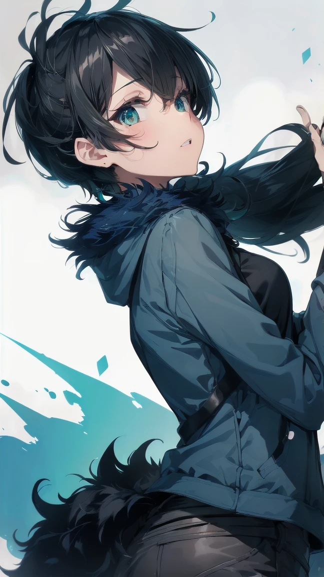 Close-up of a cartoon girl with blue hair and a yellow shirt, 2D Animation, 2D Animation style, 2D Art, 2D Art, 2D from Gorillaz, 2D from Gorillaz, 2D Gorillaz, Screaming Cerket, 2D Sprites, Jinx Face, short hair, Small breasts, hot pants, ((Black Hair, Bright blue fur inside:1.4))