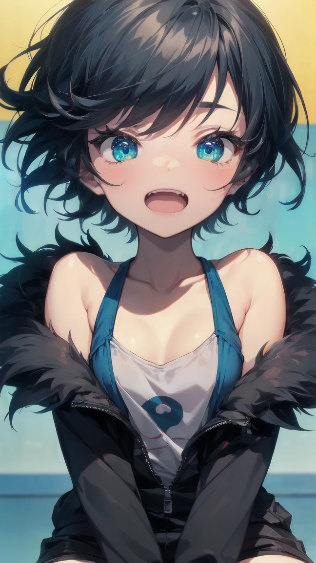 Close-up of a cartoon girl with blue hair and a yellow shirt, 2D Animation, 2D Animation style, 2D Art, 2D Art, 2D from Gorillaz, 2D from Gorillaz, 2D Gorillaz, Screaming Cerket, 2D Sprites, Jinx Face, short hair, Small breasts, hot pants, ((Black Hair, Bright blue fur inside:1.4))