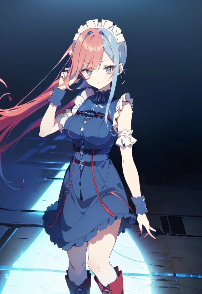 ((split-color hair , red hair , light blue hair)),[(cathedral background:1.4)::5],original,(illustration:1.1),(best quality),(masterpiece:1.1),(extremely detailed CG unity 8k wallpaper:1.1), (colorful:0.9),(mid shot:0.95),(full body:1.5),Dynamic angle,(solo:1.2), (girl),((adult)), (detailed beautiful eyes:1.15), (beautiful face:1.15), (glowing red eyes:1.25////),((medium hair)),((split-color hair , red hair , light blue hair)),(high twintails),(chignon),(+perfect hand+:1.21),(Draw an illustration of a gothic girl),(Religious),(slender),(is wearing boots on her feet),((is wearing white maid clothes)),(furious), Lace Off-shoulder lolita fashion,beautiful slender woman,high twintails,full body,mini skirt,((split-color hair , red hair , light blue hair)),((black long boots)),((mini skirt)),((adult)),((dynamic angle)),((split-color hair , red hair , light blue hair)),((split-color hair , red hair , light blue hair)),((black long boots)),((black long boots)),((split-color hair , red hair , light blue hair)),((split-color hair , red hair , light blue hair)),