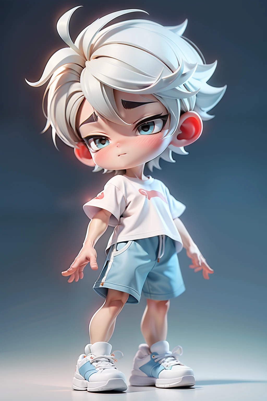 White short-haired boy, white short-sleeved shirt, blue shorts, white sneakers