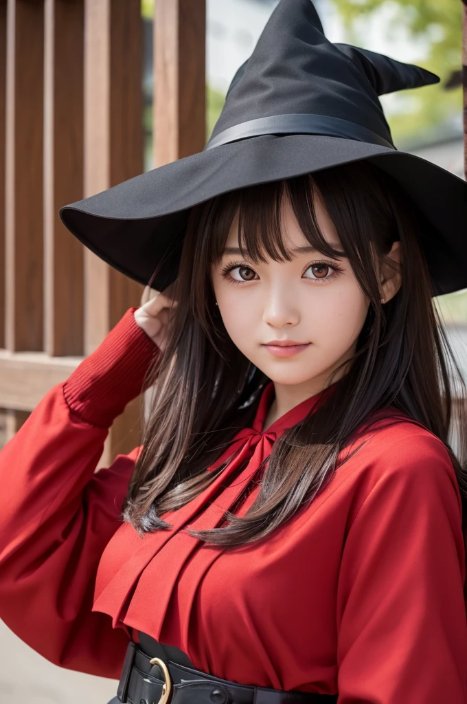 megumin, umber hair, long sideburns, red eyes, red shirt, long sleeve, witch hat, black capelet, fingerless gloves,
