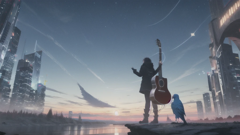 Acoustic guitar,Pitch black night sky,Octane, Star (zero), scenery, Blue parakeet,The acoustic guitar is placed in front of the body.,Star, night, Back view, Outdoor, city,river,Blue parakeet,building, cloud, Heavenly River,silhouette