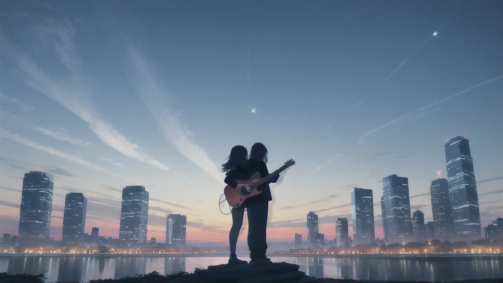 Acoustic guitar,Pitch black night sky,Octane, Star (zero), scenery, Blue parakeet,The acoustic guitar is placed in front of the body.,Star, night, Back view, Outdoor, city,river,Blue parakeet,building, cloud, Heavenly River,silhouette