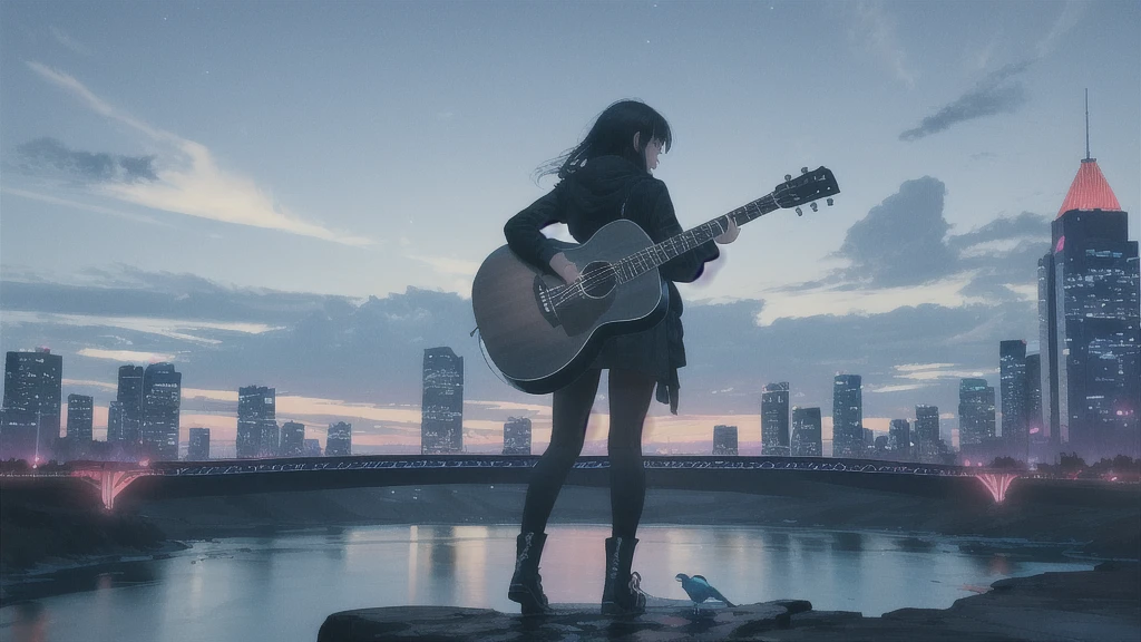 Acoustic guitar,Pitch black night sky,Octane, Star (zero), scenery, Blue parakeet,The acoustic guitar is placed in front of the body.,Star, night, Back view, Outdoor, city,river,Blue parakeet,building, cloud, Heavenly River,silhouette