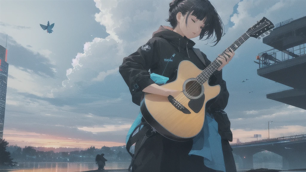 Acoustic guitar,Pitch black night sky,Octane, Star (zero), scenery, Blue parakeet,The acoustic guitar is placed in front of the body.,Star, night, Back view, Outdoor, city,river,Blue parakeet,building, cloud, Heavenly River,silhouette