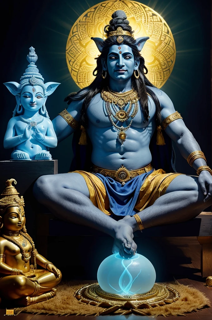 "Create a divine scene featuring Lord Shiva (Mahadev Ji) seated majestically with Nandi Maharaj by his side. Use dramatic lighting effects to highlight their serene and powerful presence. The light should accentuate the aura around Mahadev Ji and Nandi, casting a soft glow that reflects their divinity and strength. Incorporate shades of blue and gold to enhance the ethereal atmosphere."