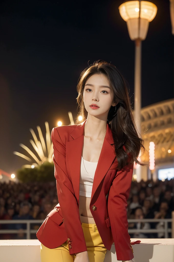 (((best quality))),(((ultra detailed))),(((masterpiece))),illustration,((1 beautiful Chinese girl,solo)),((slim,thin)),((small breasts,flat chest)),((red suit blazer,yellow pants)),(shoulder length straight hair:1.2),bright eyes,excited expression,summer night,((in Paris,French stadium,Olympic opening ceremony)),fireworks,proud posture,playing field,bright red,crisp white shirt,high collar,sophisticated attire,slender legs,poise,grace,electric atmosphere,spectators,historic moment,patriotism,Olympic flag,national anthem,friendship,harmony,visually stunning image