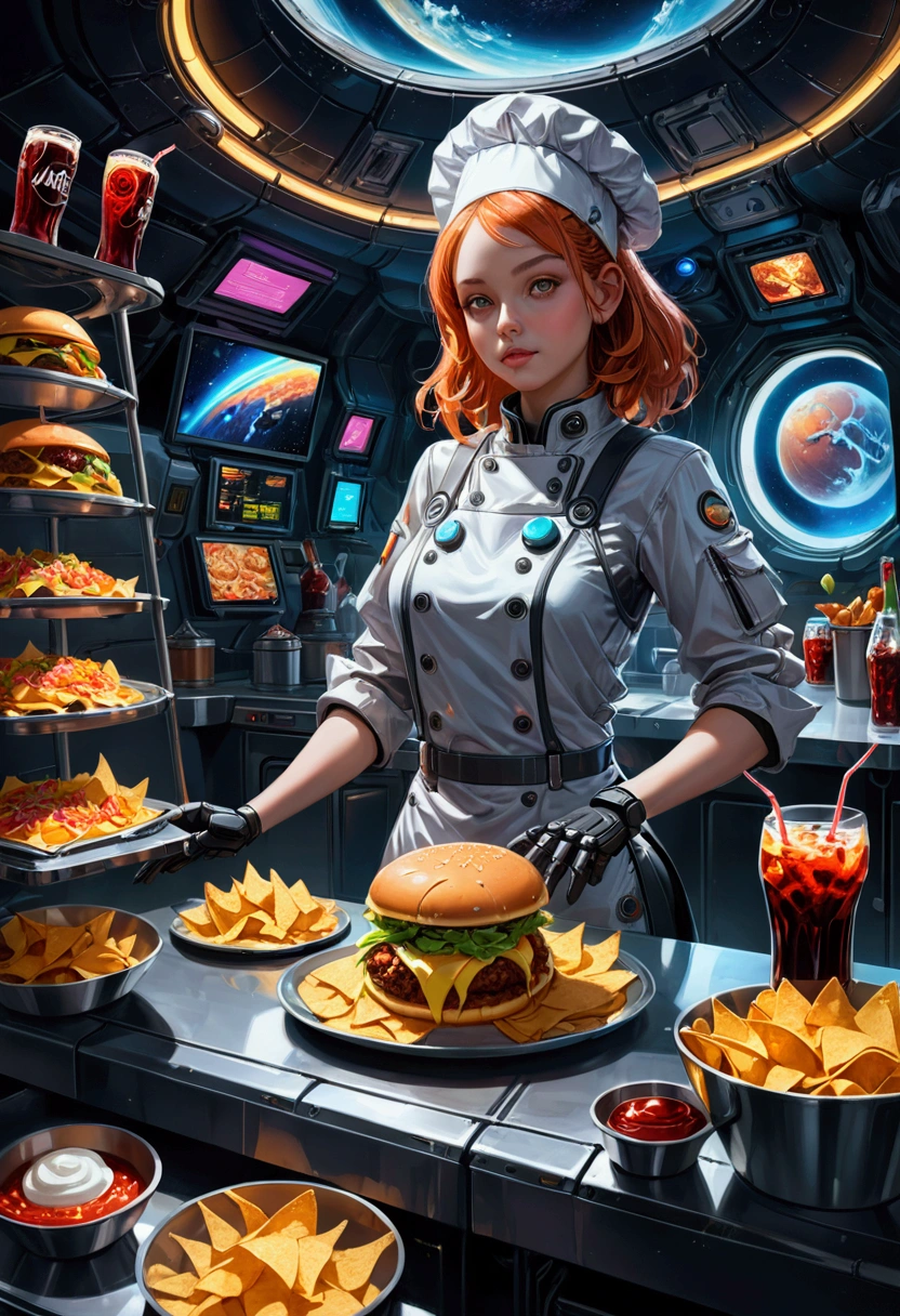 1girl, Fast Food Worker, award-winning illustration, concept art, digital painting, spaceship food truck flying through asteroid field, serving space miners, neon lights, holographic menu, robot chef, (food: space burgers, alien nachos, cosmic cola), sci-fi atmosphere, highly detailed spaceship design/aesthetic, 4k resolution, hyper-detailed, detailed matte painting, deep color, fantastical, intricate detail, splash screen, complementary colors, fantasy concept art, 8k resolution trending on Artstation Unreal Engine 5, masterpiece, best quality, very aesthetic, absurdres