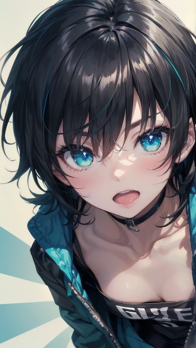 Close-up of a cartoon girl with blue hair and a yellow shirt, 2D Animation, 2D Animation style, 2D Art, 2D Art, 2D from Gorillaz, 2D from Gorillaz, 2D Gorillaz, Screaming Cerket, 2D Sprites, Jinx Face, short hair, Small breasts, hot pants, ((Black Hair, Bright blue fur inside:1.4))