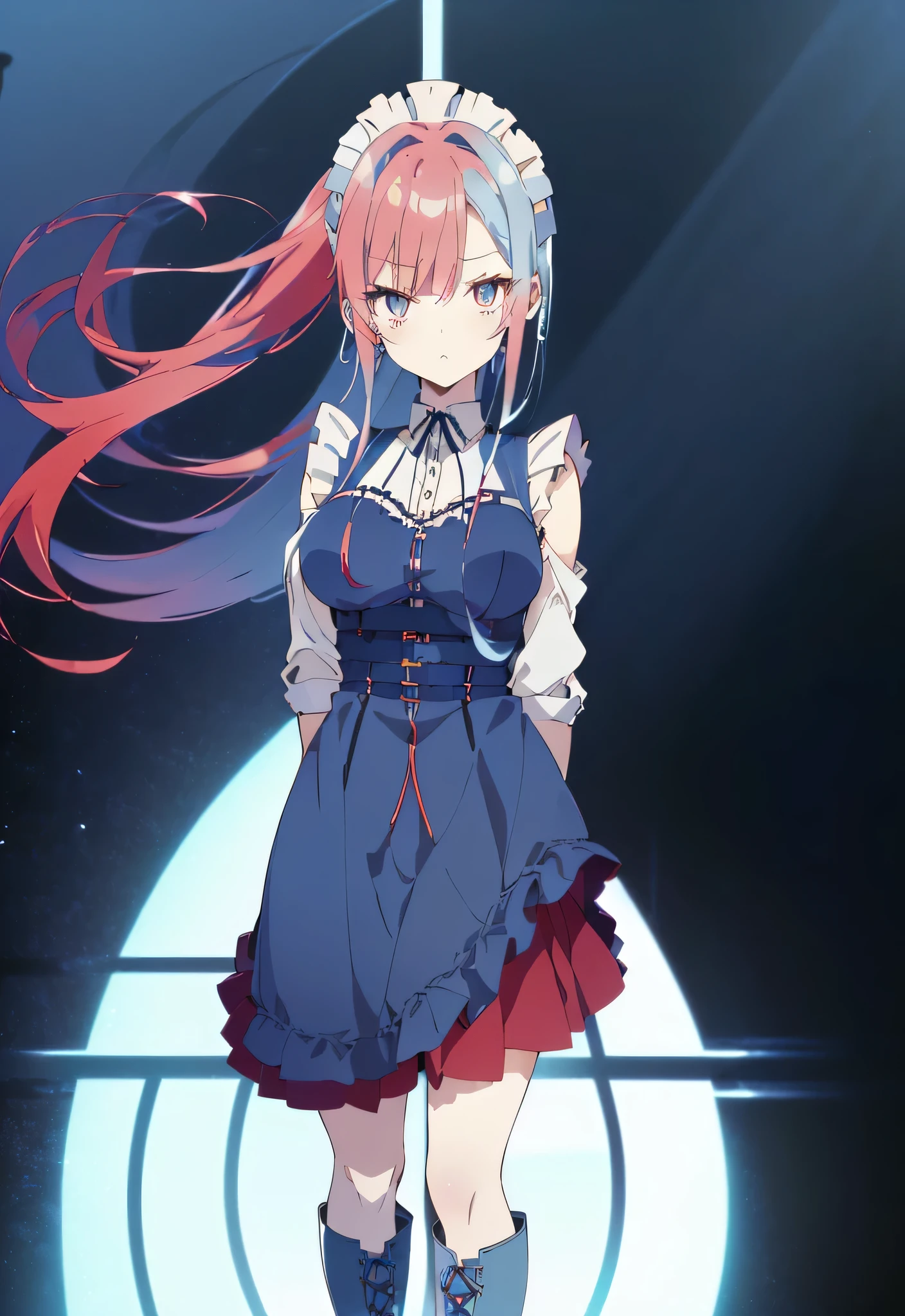 ((split-color hair , red hair , light blue hair)),[(cathedral background:1.4)::5],original,(illustration:1.1),(best quality),(masterpiece:1.1),(extremely detailed CG unity 8k wallpaper:1.1), (colorful:0.9),(mid shot:0.95),(full body:1.5),Dynamic angle,(solo:1.2), (girl),((adult)), (detailed beautiful eyes:1.15), (beautiful face:1.15), (glowing red eyes:1.25////),((medium hair)),((split-color hair , red hair , light blue hair)),(high twintails),(chignon),(+perfect hand+:1.21),(Draw an illustration of a gothic girl),(Religious),(slender),(is wearing boots on her feet),((is wearing white maid clothes)),(furious), Lace Off-shoulder ta fashion,beautiful slender woman,high twintails,full body,mini skirt,((split-color hair , red hair , light blue hair)),((black long boots)),((mini skirt)),((adult)),((dynamic angle)),((split-color hair , red hair , light blue hair)),((split-color hair , red hair , light blue hair)),((black long boots)),((black long boots)),((split-color hair , red hair , light blue hair)),((split-color hair , red hair , light blue hair)),