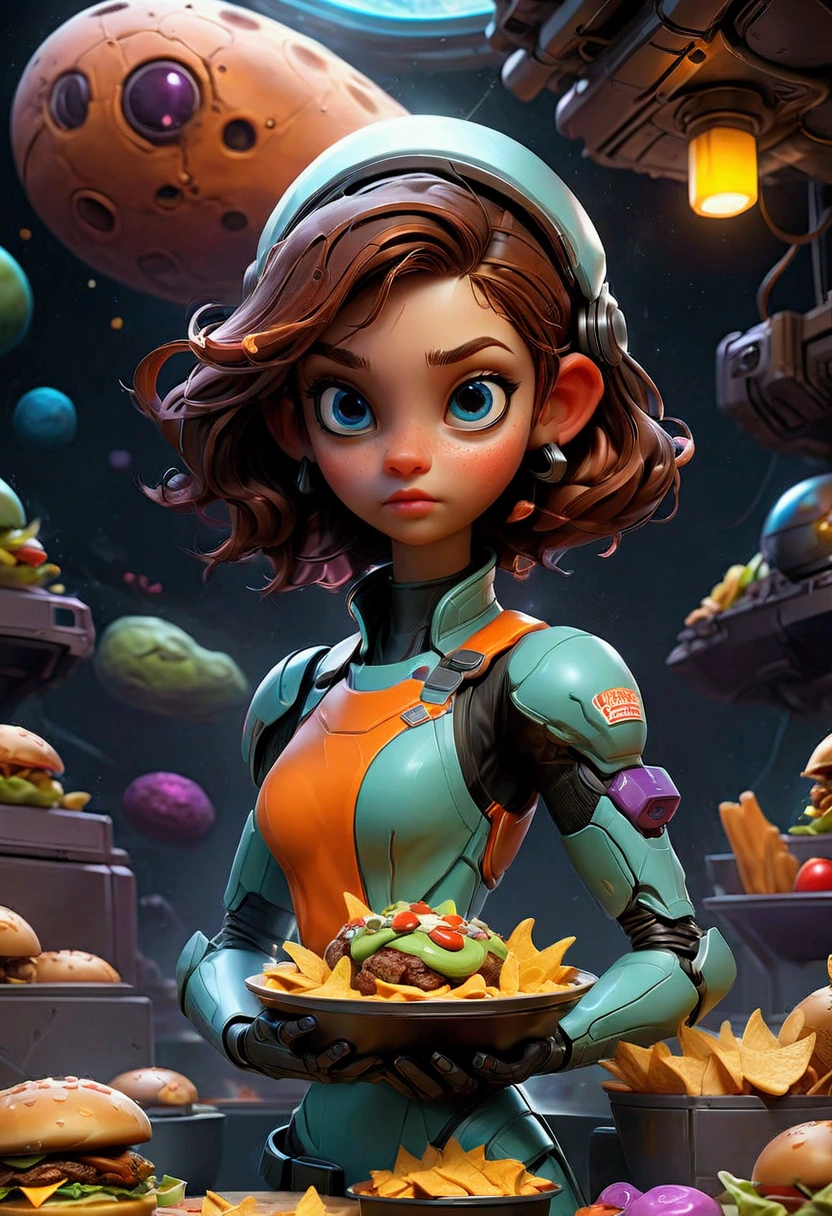 1girl, Fast Food Worker, award-winning illustration, concept art, digital painting, spaceship food truck flying through asteroid field, serving space miners, neon lights, holographic menu, robot chef, (food: space burgers, alien nachos, cosmic cola), sci-fi atmosphere, highly detailed spaceship design/aesthetic, 4k resolution, hyper-detailed, detailed matte painting, deep color, fantastical, intricate detail, splash screen, complementary colors, fantasy concept art, 8k resolution trending on Artstation Unreal Engine 5, masterpiece, best quality, very aesthetic, absurdres