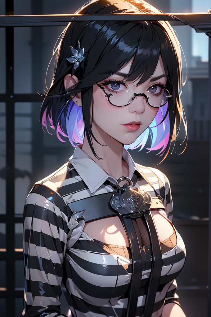 (Rear view, Back picture),(masterpiece:1.3), ((best quality:1.3), I have no idea, 1 girl, Polarized Glasses, old, short hair, solitary, collar, There is a mole above the mouth, sunglasses, large old, ((Ropa About Us)), ((Striped clothes)), prisoner, shirt, Striped prisoner suit, Clothes were torn,upper body, shackles, Black and white lines, (Prison bars background :1.4), (iron groceries),( Showing off black lingerie),( Vibrant colors), (prisoner:1.4 ), (Delicate face :1.4) Beautiful breasts、Huge breasts:1.4