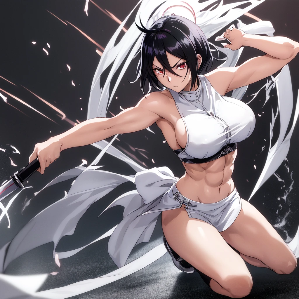 Illustration, Rukia Kuchiki, Bleach, anime girl, short black hair (spiky, and with a few loose strands), determined expression (with a hint of intensity), Shinigami uniform (detailed, intricate, and worn), large breasts (32B, firm, and perky), athletic build (lean, and with a subtle six-pack), smooth skin (porcelain-like complexion, with a subtle sheen), toned arms (muscular, and with a few scars), intricate details (dainty fingers, with a few scratches), dynamic pose (leaping forward, with her Zanpakuto deployed), dramatic lighting (high-contrast, with a cool glow), 4k, high resolution, ultra high resolution, intricate detail, detailed texture, intense atmosphere, solo character, single figure