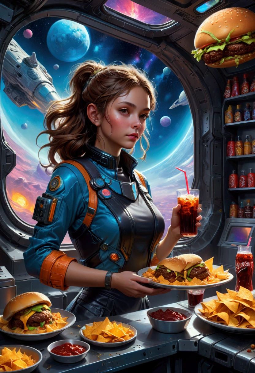 1girl, Fast Food Worker, award-winning illustration, concept art, digital painting, spaceship food truck flying through asteroid field, serving space miners, neon lights, holographic menu, robot chef, (food: space burgers, alien nachos, cosmic cola), sci-fi atmosphere, highly detailed spaceship design/aesthetic, 4k resolution, hyper-detailed, detailed matte painting, deep color, fantastical, intricate detail, splash screen, complementary colors, fantasy concept art, 8k resolution trending on Artstation Unreal Engine 5, masterpiece, best quality, very aesthetic, absurdres