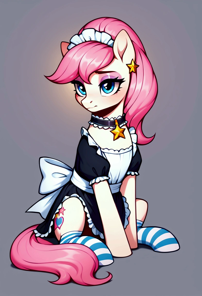 score_9,score_8_up,score_7_up,score_6_up, ((my little pony)), radiant lighting, vibrant colors, whimsical atmosphere, 8K, high resolution, highly detailed, masterpiece, (shy look), ((pony body)), white body, blue eyes, (maid costume), striped stockings, star pendant, earrings, eyeshadow, (very long pink hair:1.3), ((sitting pose)), (devoted gaze)