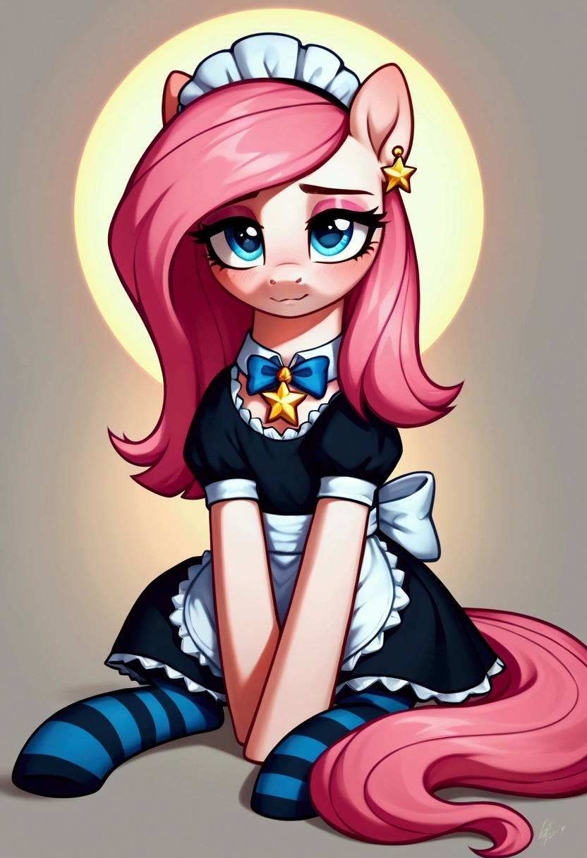 score_9,score_8_up,score_7_up,score_6_up, ((my little pony)), radiant lighting, vibrant colors, whimsical atmosphere, 8K, high resolution, highly detailed, masterpiece, (shy look), ((pony body)), white body, blue eyes, (maid costume), striped stockings, star pendant, earrings, eyeshadow, (very long pink hair:1.3), ((sitting pose)), (devoted gaze)