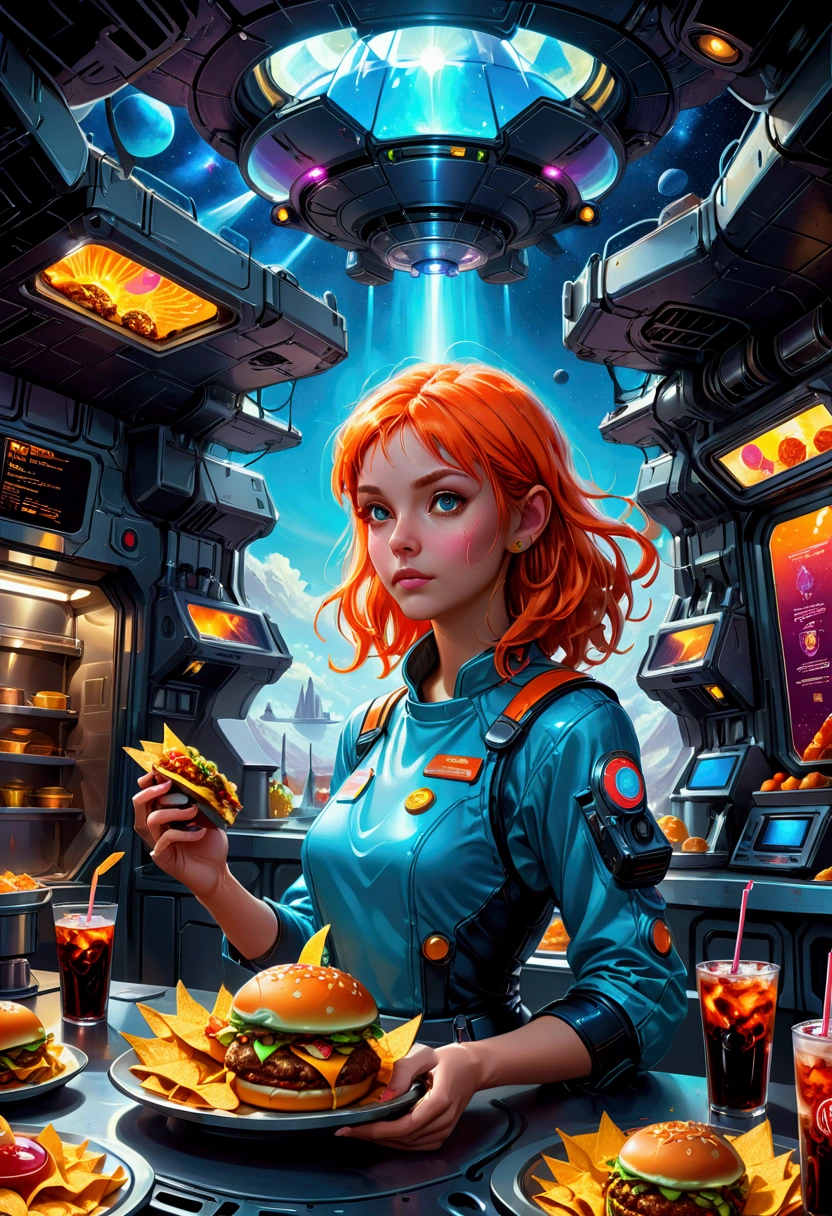 1girl, Fast Food Worker, award-winning illustration, concept art, digital painting, spaceship food truck flying through asteroid field, serving space miners, neon lights, holographic menu, robot chef, (food: space burgers, alien nachos, cosmic cola), sci-fi atmosphere, highly detailed spaceship design/aesthetic, 4k resolution, hyper-detailed, detailed matte painting, deep color, fantastical, intricate detail, splash screen, complementary colors, fantasy concept art, 8k resolution trending on Artstation Unreal Engine 5, masterpiece, best quality, very aesthetic, absurdres
