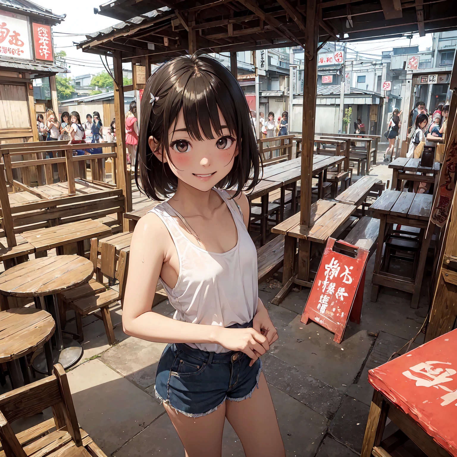 (masterpiece、Highest quality)、(Unsanitary and old underground mall)、(Japan favelas、Dirty Standing Tavern)、((stage))、(smile、fun、Cute Girls)、(Poor conditions)、Shady Red Light District、Tank top、Panties、shaved ice、Sale of drinks、(stage)、smile、Happy schoolchildren、Perfect Anatomy