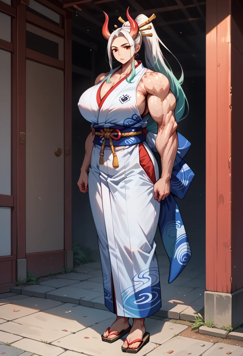 masterpiece, best quality), best resolution, yamato, red oni horns, earrings, hair stick, bare shoulders, japanese clothes, kimono, rope, sleeveless kimono, shimenawa, high ponytail, extreme muscular body, huge breasts, full body.