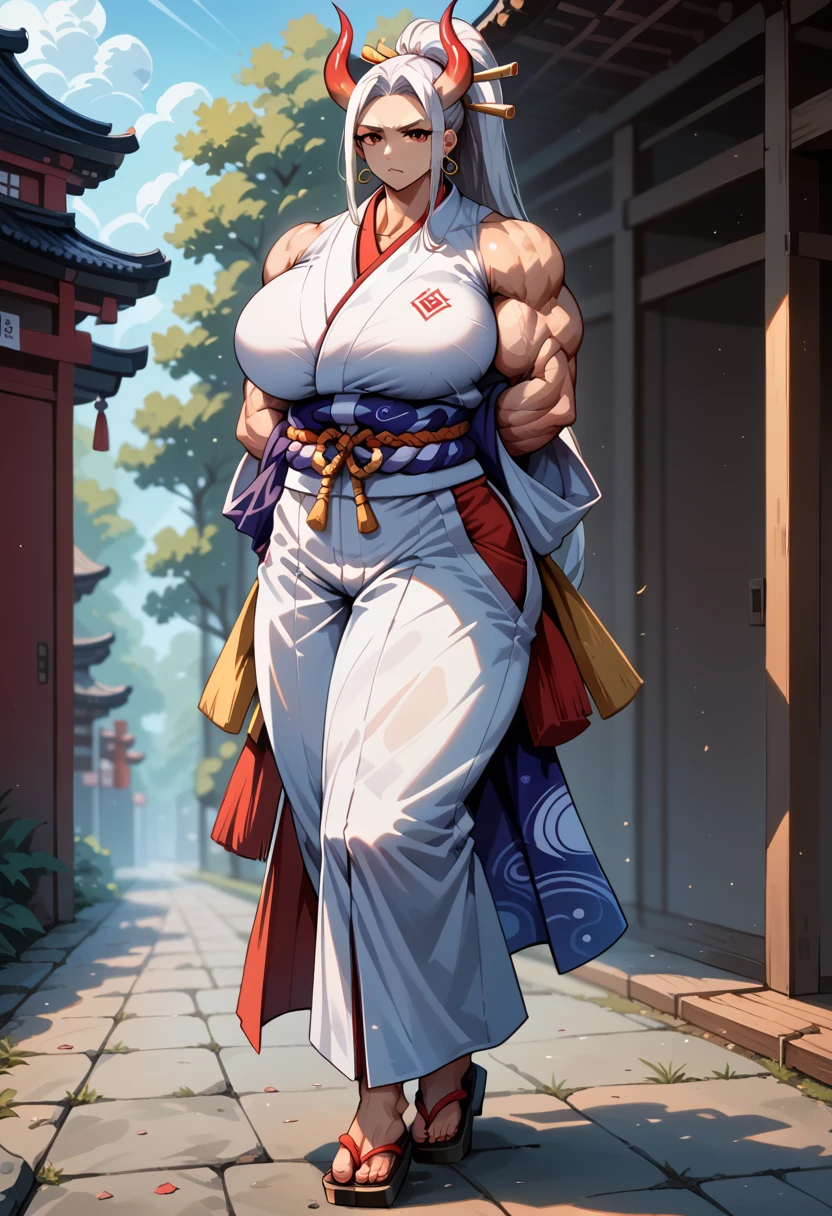 masterpiece, best quality), best resolution, yamato, red oni horns, earrings, hair stick, bare shoulders, japanese clothes, kimono, rope, sleeveless kimono, shimenawa, high ponytail, extreme muscular body, huge breasts, full body.