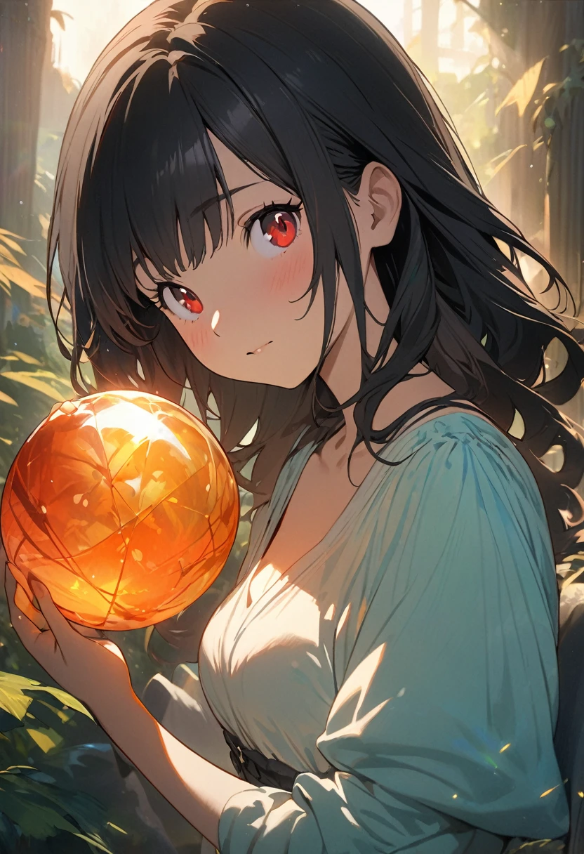 (masterpiece, Highest quality:1.2), a girl with black hair, red eyes, artwork, ((by Studio Ghibli)), holding a translucent ball, extravagant and illustrative, dreamy color palette, cyan and amber, beautiful lighting.