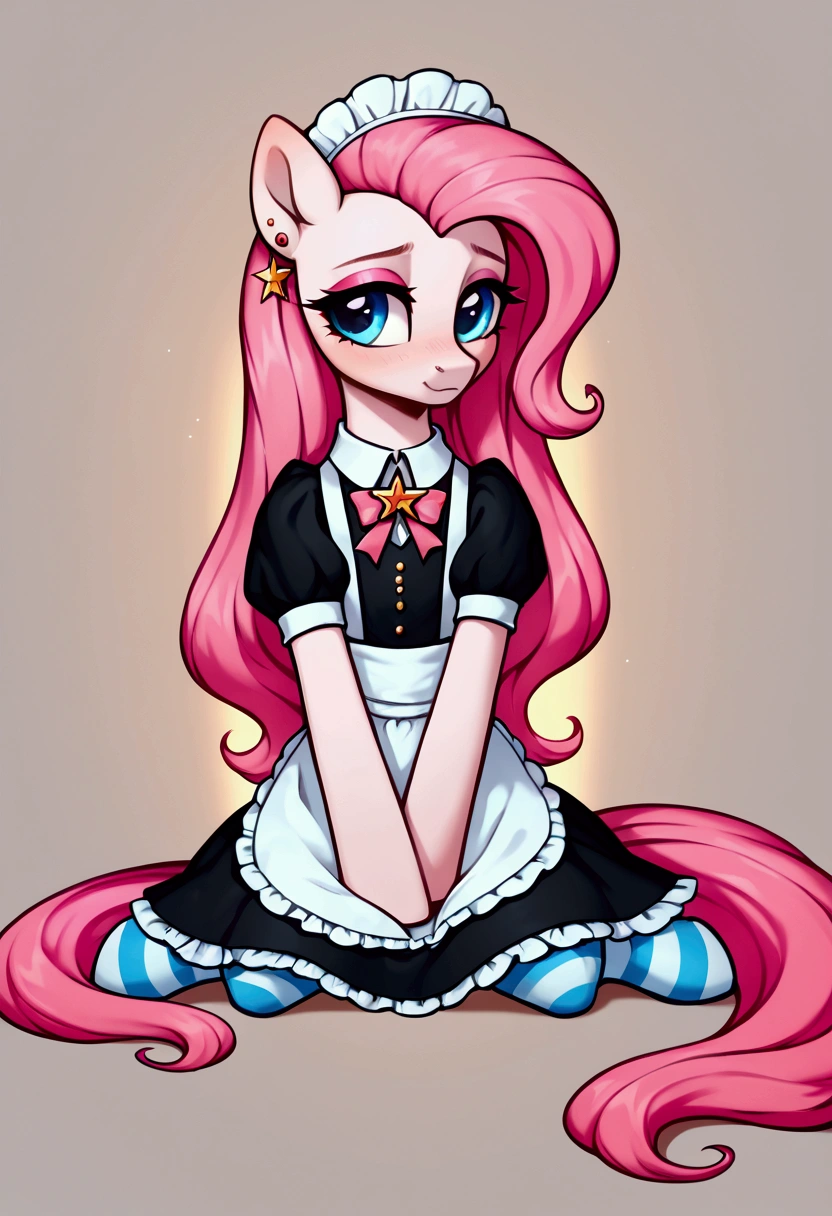 score_9,score_8_up,score_7_up,score_6_up, ((my little pony)), radiant lighting, vibrant colors, whimsical atmosphere, 8K, high resolution, highly detailed, masterpiece, (shy look), ((pony body)), (matte white body), blue eyes, (maid costume), striped stockings, star pendant, earrings, eyeshadow, (very long pink hair:1.3), ((sitting pose)), (devoted gaze)