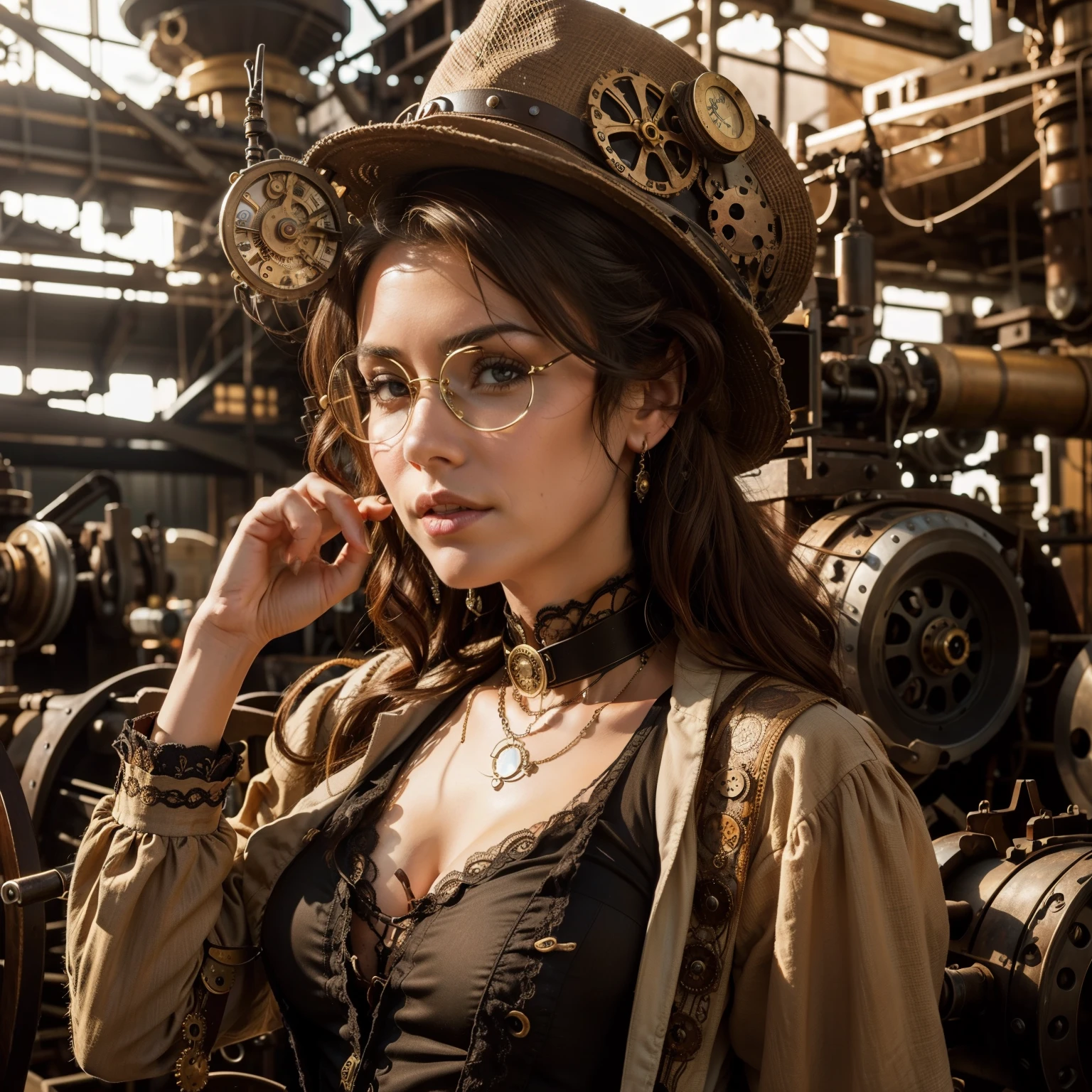 A beautiful steampunk woman with steampunk clothes in the foreground and a huge steampunk machinery mechanical in the background