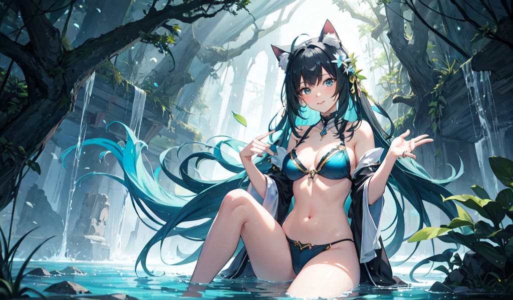 Create a high-quality anime image of a beautiful female character with cat ears in a fantasy setting. She has long, flowing hair styled in a playful way, with cat ears adorning her head. Her eyes are luminous and full of life, reflecting the enchanting surroundings. She has a cute, slightly mischievous expression on her face.

She is wearing a stylish and revealing bikini with intricate details. The bikini has shimmering accents that enhance the fantasy theme, and includes delicate, ethereal designs reminiscent of magical symbols.

The setting is a magical forest with a crystal-clear spring, surrounded by lush, enchanted flora. There are floating lily pads and small, glowing fish swimming around. The trees and plants have a magical aura with bioluminescent flowers and glowing vines.

The character is striking a cute and playful pose, with one hand raised in a cat-like gesture and the other resting on her hip. Her tail is swaying gently behind her, and her cat ears are perked up. The sunlight and bioluminescent flora cast a magical glow on her hair and outfit, creating a warm and enchanting atmosphere. The overall mood should be both enchanting and adorable, capturing the beauty and charm of the fantasy forest.