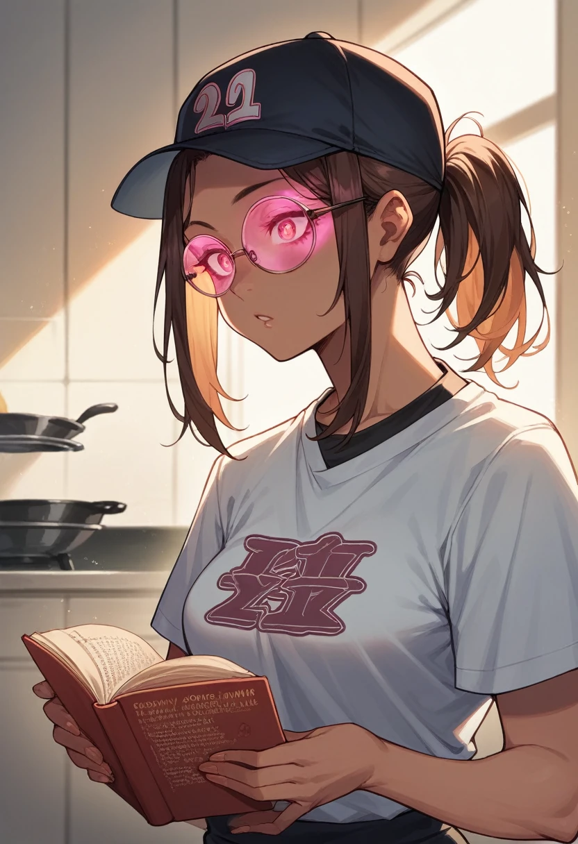 25 year old Asian woman,with long brown hair,New York Yankees baseball shirt and cap,glowing skin, with reading glasses,she is cooking