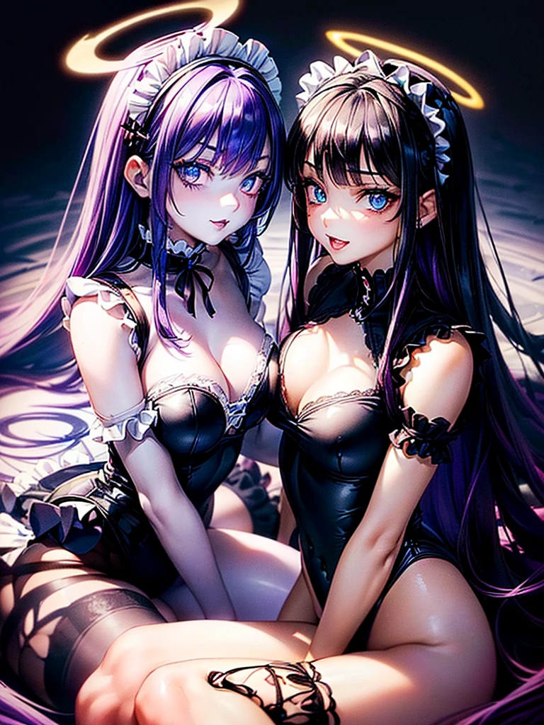 Highest quality,Highest Resolution,(((A beautiful girl with blue eyes and black hair in a maid leotard)))and(((A beautiful girl with red eyes and purple hair in a gothic ta leotard)))are having sex in the sitting position,kiss,saliva,(((Halo))),smile,
