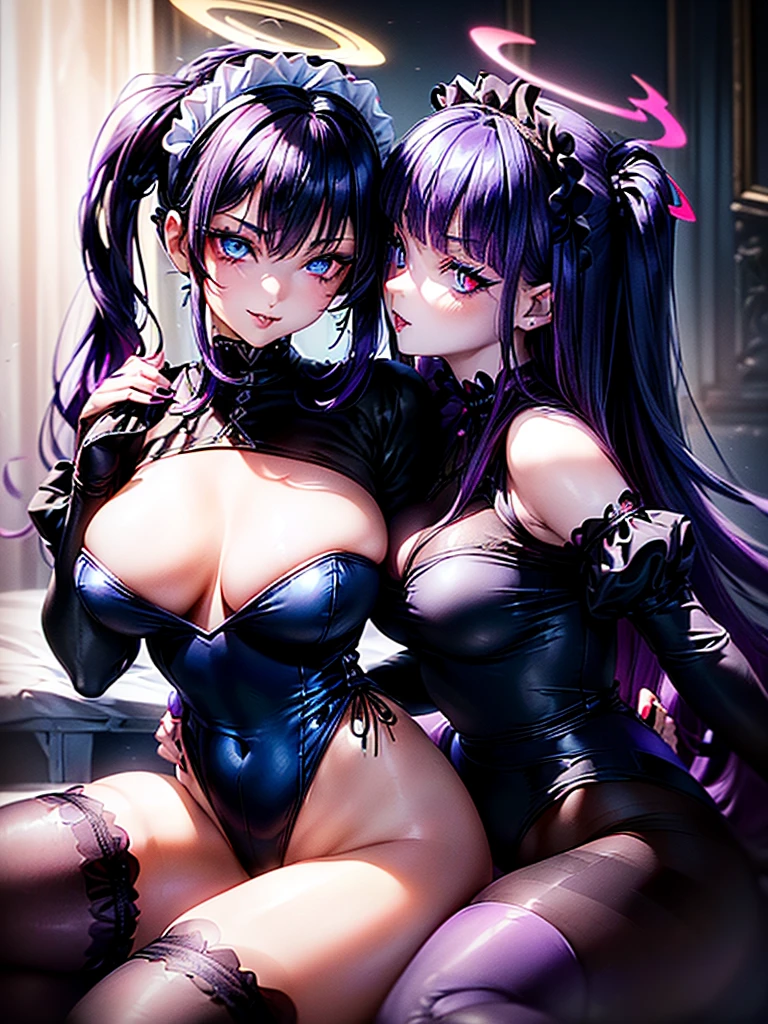 Highest quality,Highest Resolution,(((A beautiful girl with blue eyes and black hair in a maid leotard)))and(((A beautiful girl with red eyes and purple hair in a gothic lolita leotard)))are having sex in the sitting position,kiss,saliva,(((Halo))),smile,